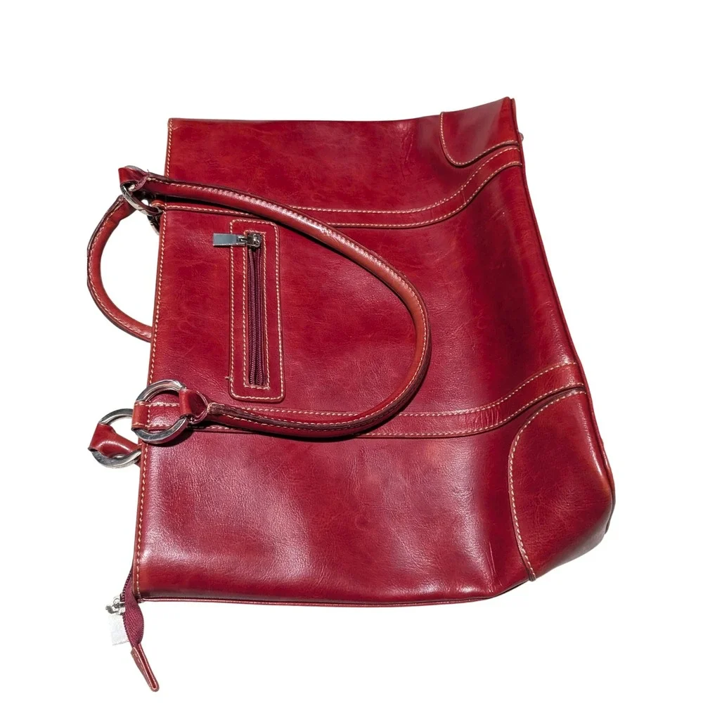 Kate Spade Handbag Women Large Red Leather Tote Shoulder Bag Contrast Stitching
